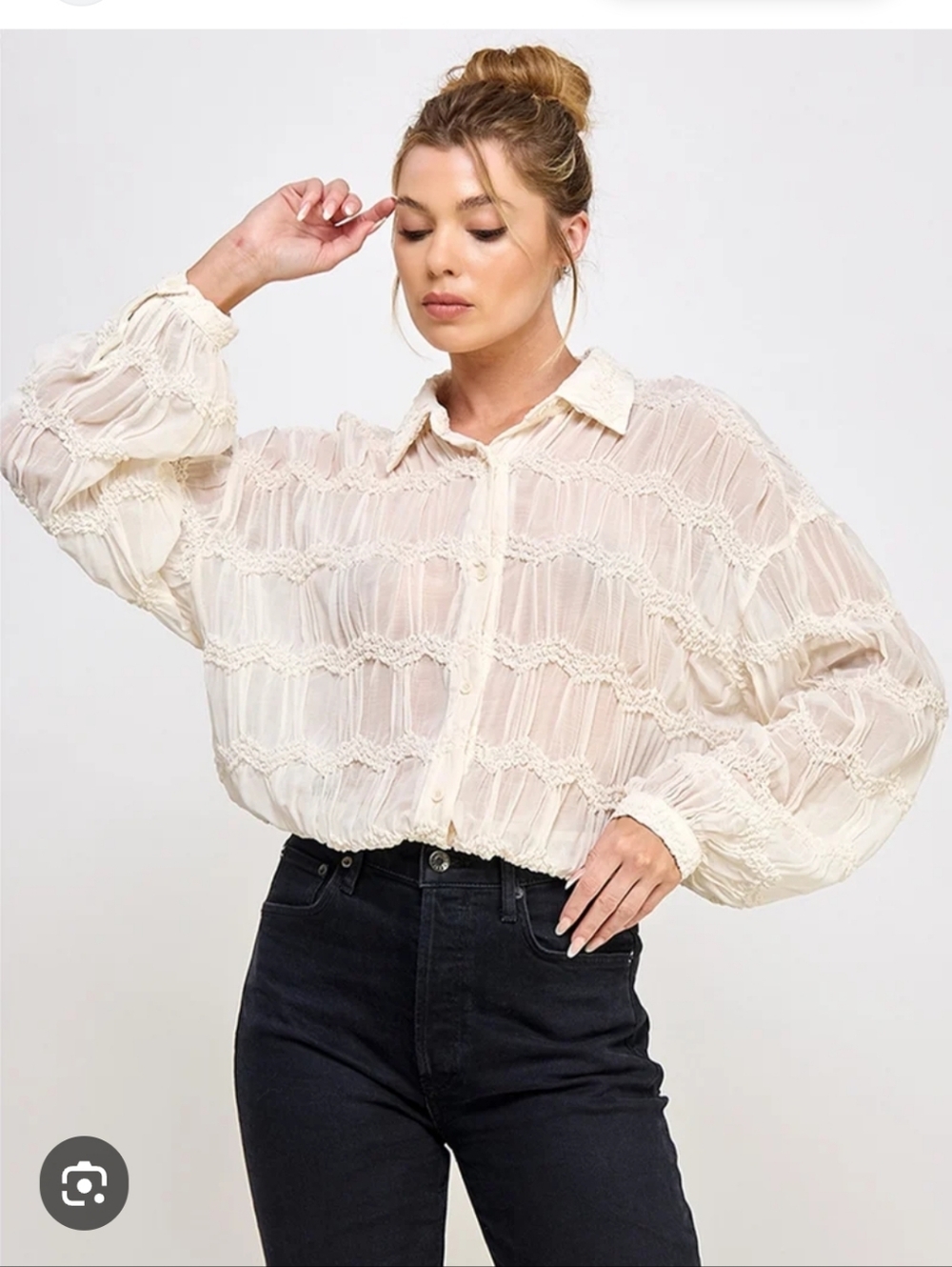 Womens Sheer Textured Gauze Blouse Top Romantic White Cream Wedding Summer Boho